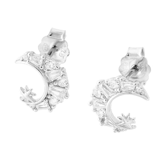Orecchini Luna con Cubic Zirconia Bianchi in ARGENTO 925 Galvanica Rodio