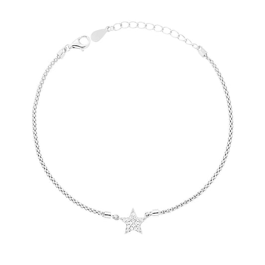 Bracciale Catena Coreana con Stella e Cubic Zirconia Bianchi in ARGENTO 925 Galvanica Rodio
