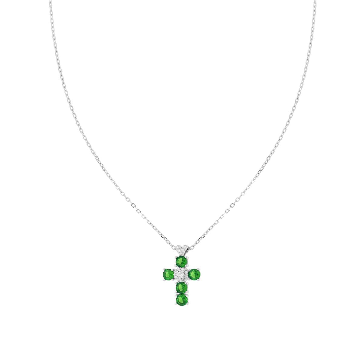 Collana Catena Forzatina Diamantata con Croce Cubic Zirconia Verde Smeraldo e Bianchi in ARGENTO 925 Galvanica Rodio