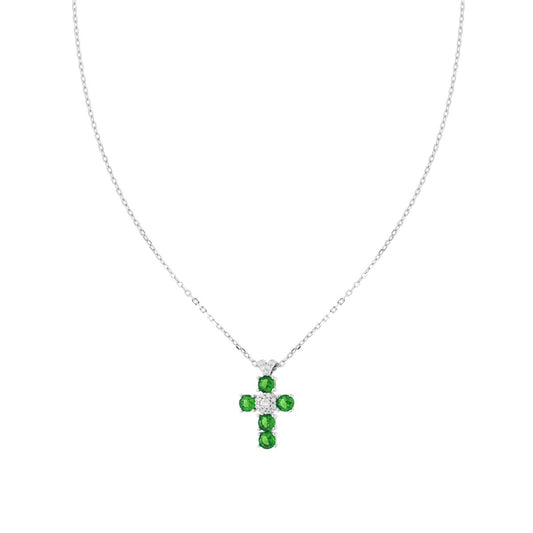 Collana Catena Forzatina Diamantata con Croce Cubic Zirconia Verde Smeraldo e Bianchi in ARGENTO 925 Galvanica Rodio