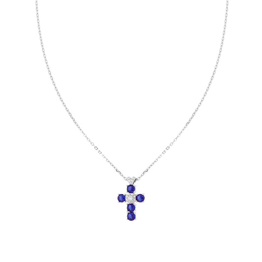 Collana Catena Forzatina Diamantata con Croce Cubic Zirconia Blu Zaffiro e Bianchi in ARGENTO 925 Galvanica Rodio