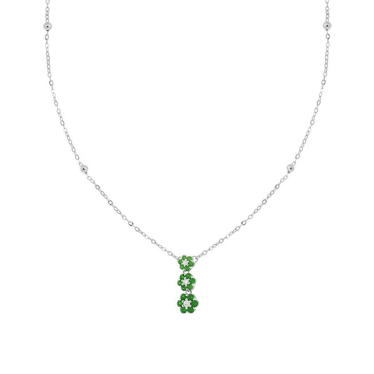Collana Catena Forzatina Diamantata con Trilogy Fiori Cubic Zirconia Verde Smeraldo e Bianchi in ARGENTO 925 Galvanica Rodio