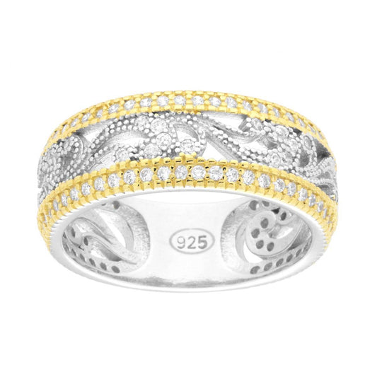 Anello Fascia con motivo ornamentale Cubic Zirconia Bianchi in ARGENTO 925 Galvanica Rodio e Oro