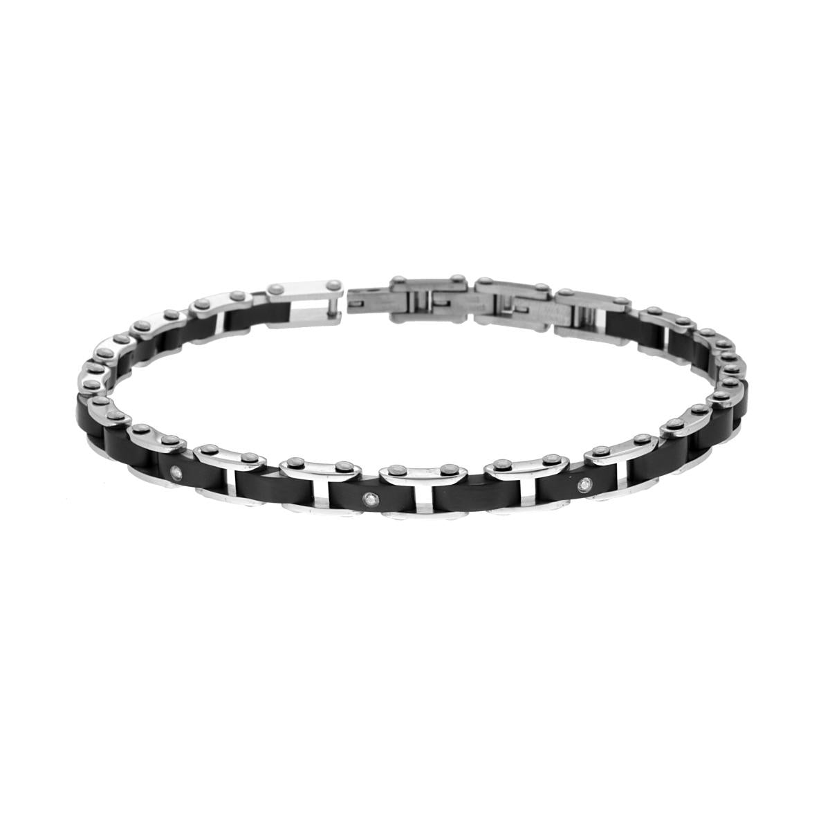 Bracciale Uomo maglia Imperniata con Dettagli Nero e con Crystal Bianchi in ACCIAIO
