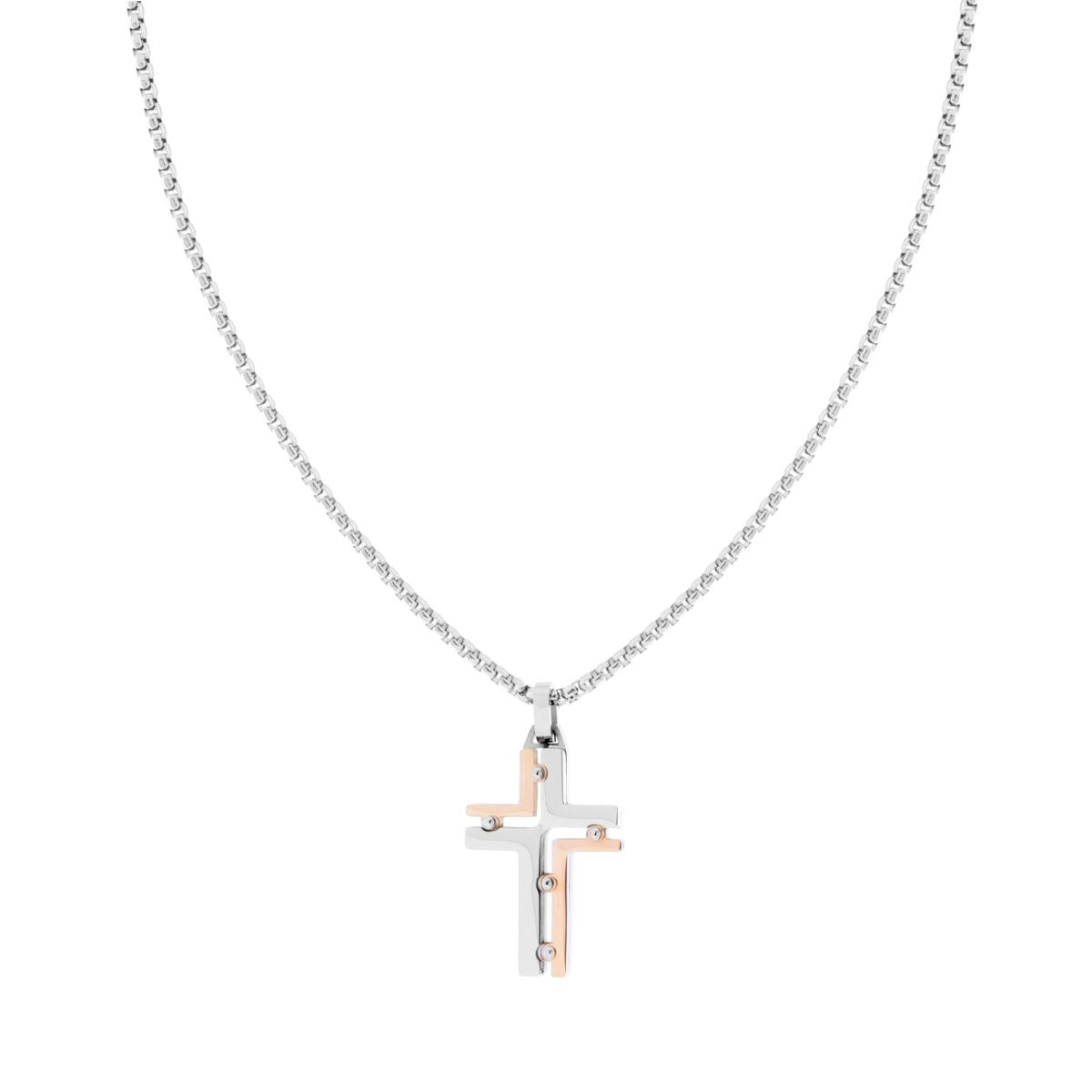 Collana Catena Veneziana Tonda con Croce colore Rosa in ACCIAIO