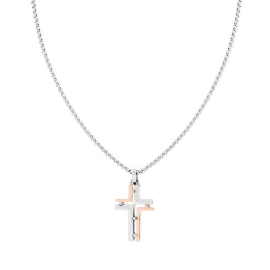 Collana Catena Veneziana Tonda con Croce colore Rosa in ACCIAIO