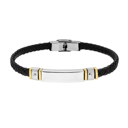 Bracciale Uomo in Ecopelle Intrecciata colore Nero con Targa e Accessori colore Oro in ACCIAIO