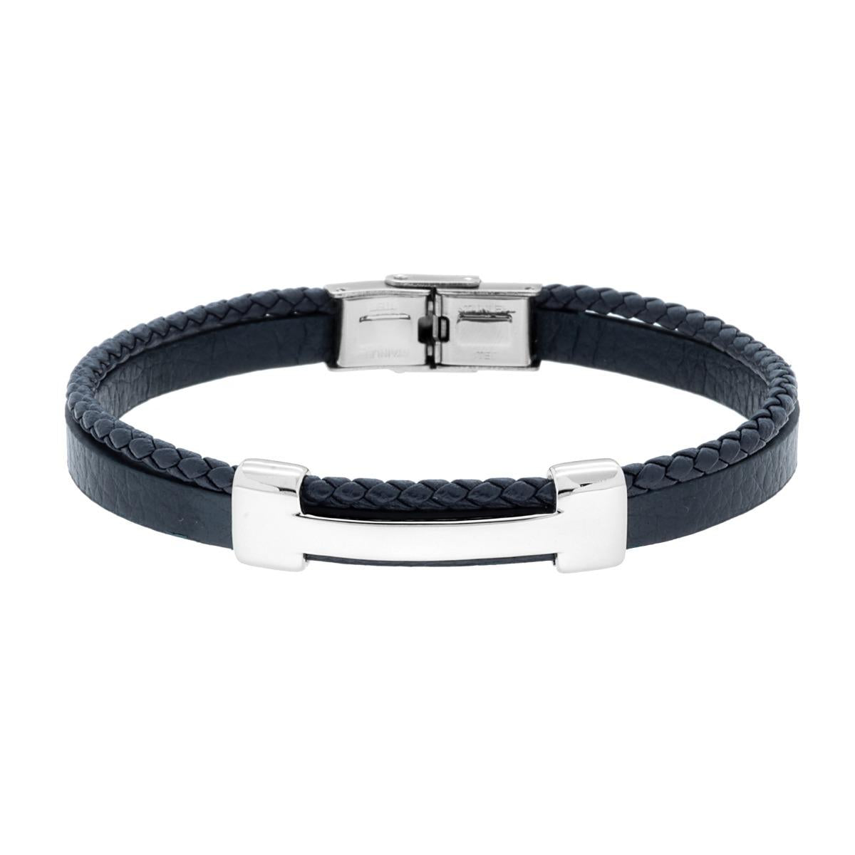 Bracciale Uomo due fili in Ecopelle colore Blu Intrecciata con Targa in ACCIAIO