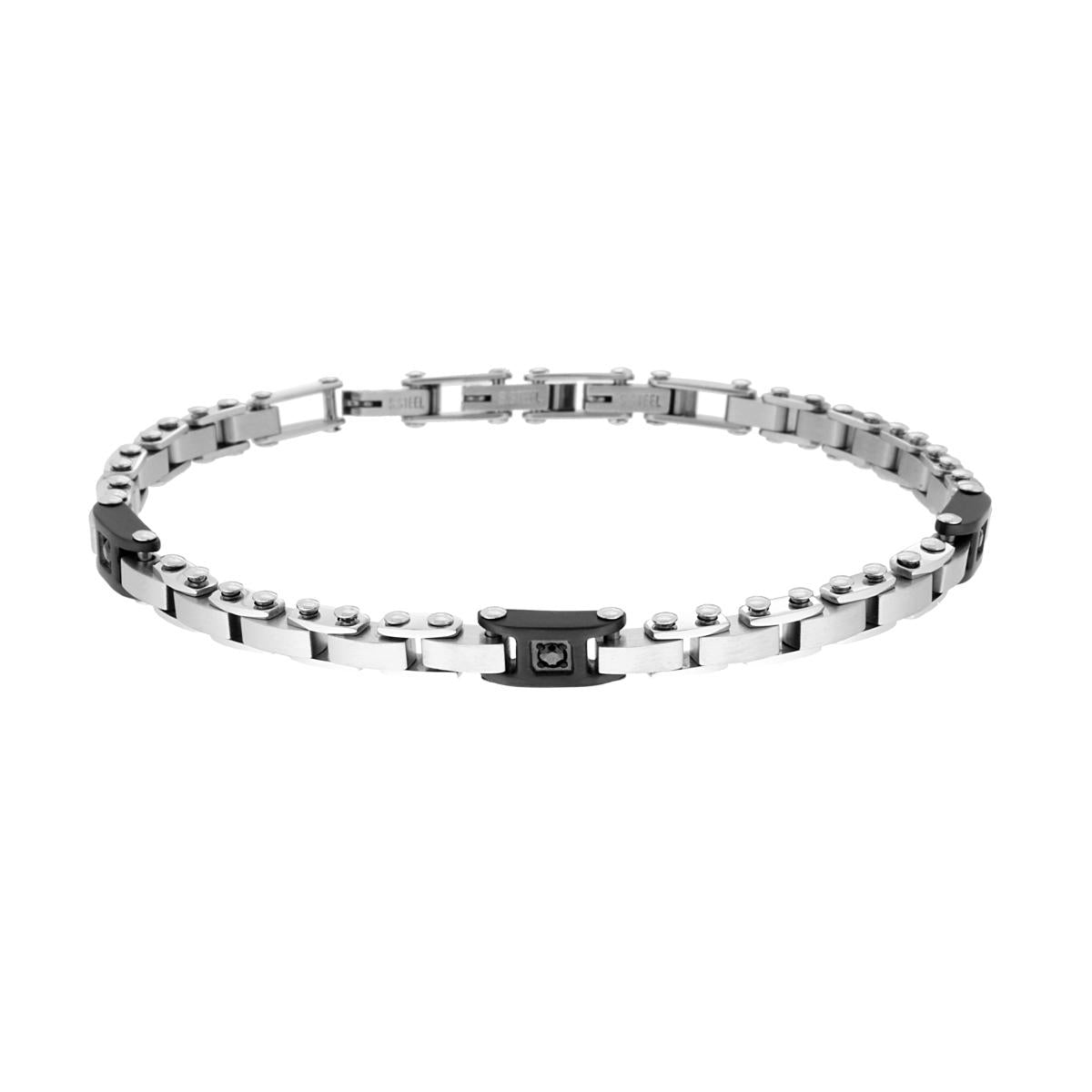 Bracciale Uomo maglia Imperniata con Dettagli Nero e con Crystal Neri in ACCIAIO