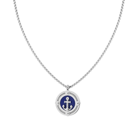Collana Catena Veneziana Tonda con Medaglione Tondo con Pietra Lapislazzuli e Ancora in ACCIAIO