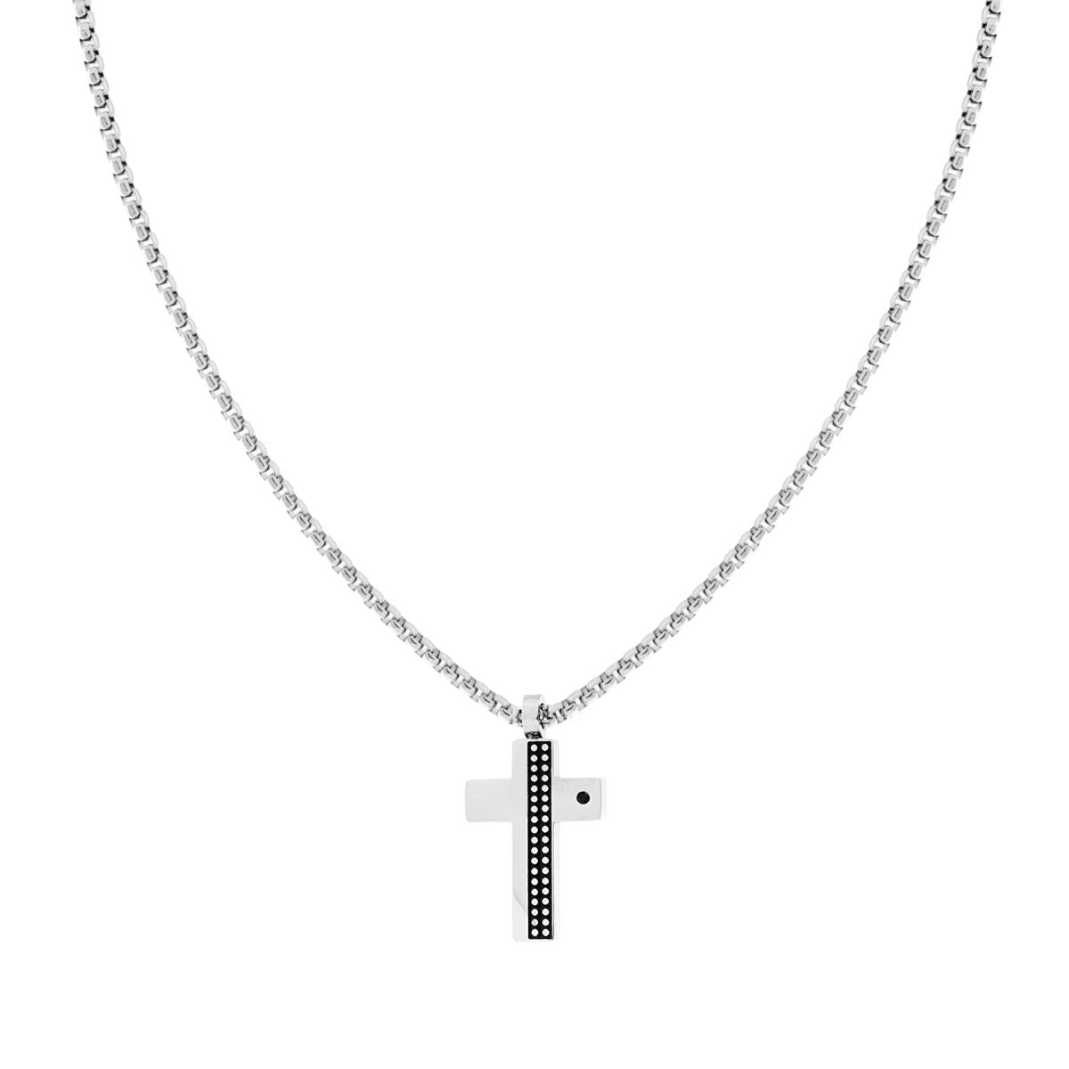 Collana Catena Veneziana Tonda con Croce con Crystal Nero e Decoro Pallinato in ACCIAIO