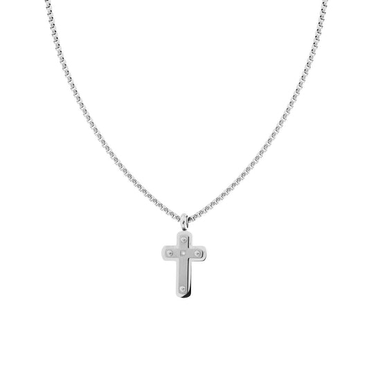 Collana Catena Veneziana Tonda con Croce con Crystal Bianco in ACCIAIO