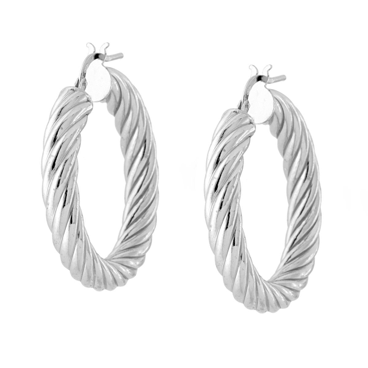 Orecchini Cerchio Torchon mm 35 sezione canna mm 5 in ARGENTO 925 Galvanica Rodio