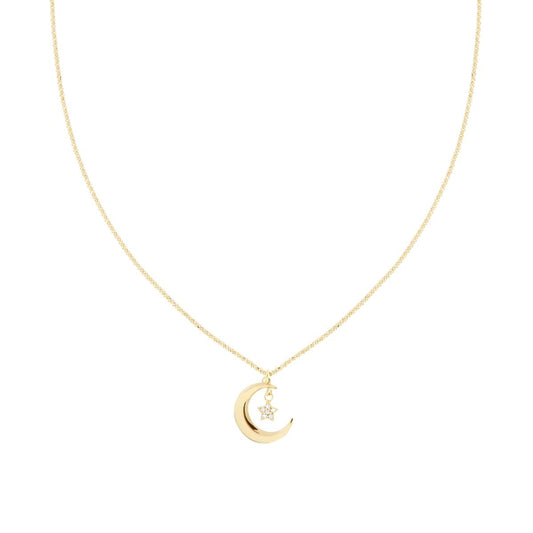 Collana Catena Rolo Diamantata con Luna Stella e Cubic Zirconia Bianchi in ARGENTO 925 Galvanica Oro