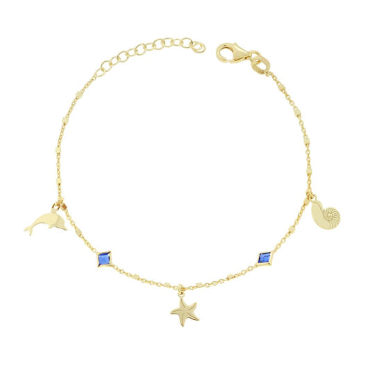 Bracciale Catena Forzatina con Conchiglia Delfino e Stella plain pendenti e Cubic Zirconia Blu Zaffiro in ARGENTO 925 Galvanica Oro