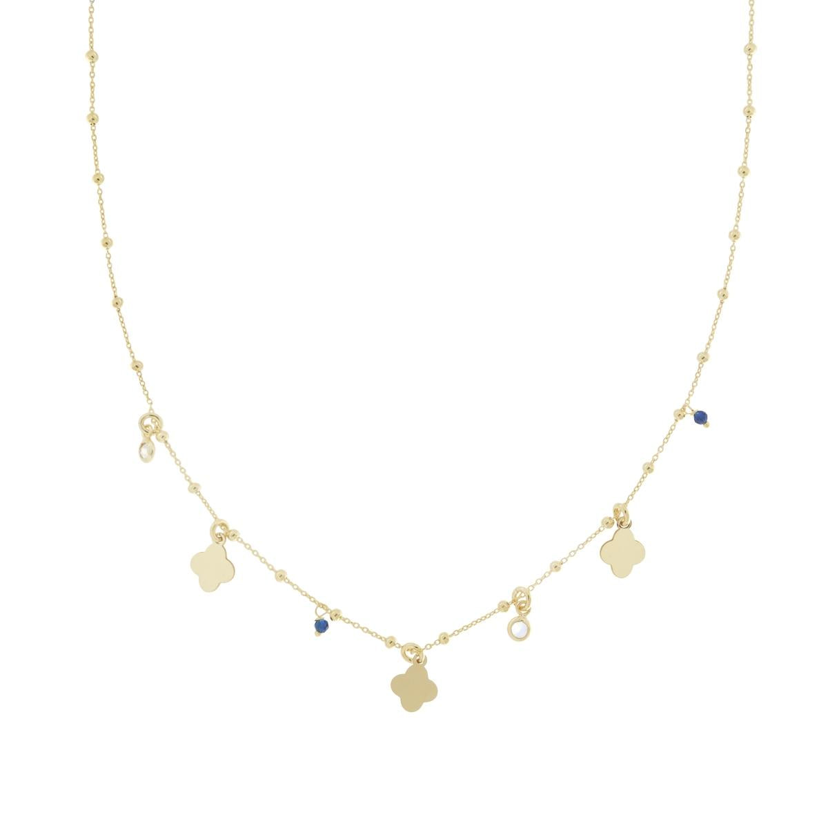 Collana Catena Forzatina e Palline con Quadrifogli plain pendenti Cubic Zirconia Bianchi e Crystal Blu in ARGENTO 925 Galvanica Oro