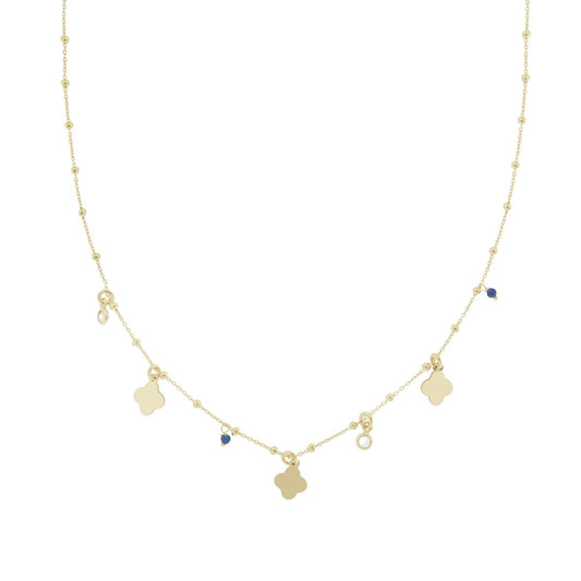 Collana Catena Forzatina e Palline con Quadrifogli plain pendenti Cubic Zirconia Bianchi e Crystal Blu in ARGENTO 925 Galvanica Oro