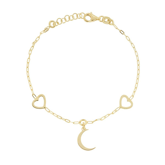 Bracciale Catena Forzatina Allungata Rettangolare con Cuori e Luna pendente in ARGENTO 925 Galvanica Oro