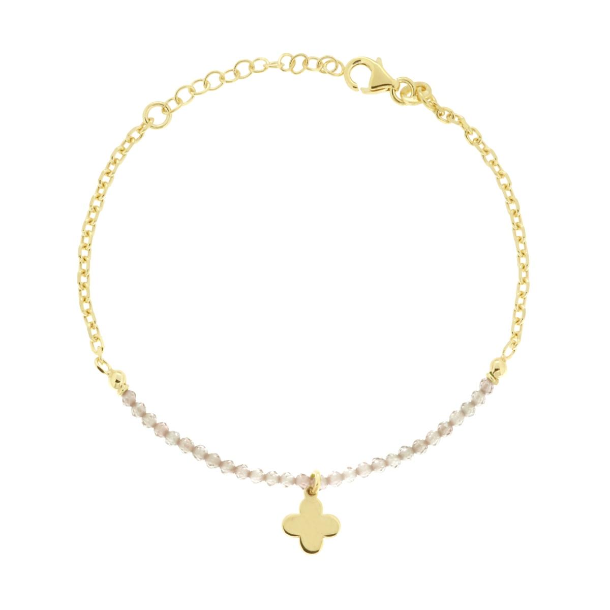 Bracciale Catena Forzatina Diamanta con Fiore plain pendente e Crystal Rosa Cipria in ARGENTO 925 Galvanica Oro