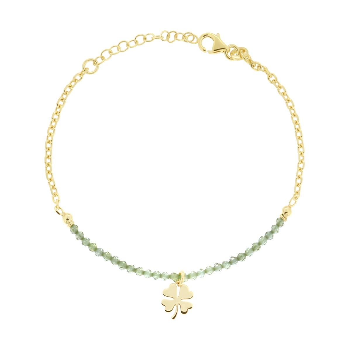 Bracciale Catena Forzatina Diamanta con Quadrifoglio plain pendente e Crystal Verde in ARGENTO 925 Galvanica Oro