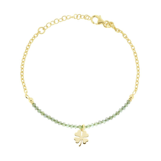 Bracciale Catena Forzatina Diamanta con Quadrifoglio plain pendente e Crystal Verde in ARGENTO 925 Galvanica Oro