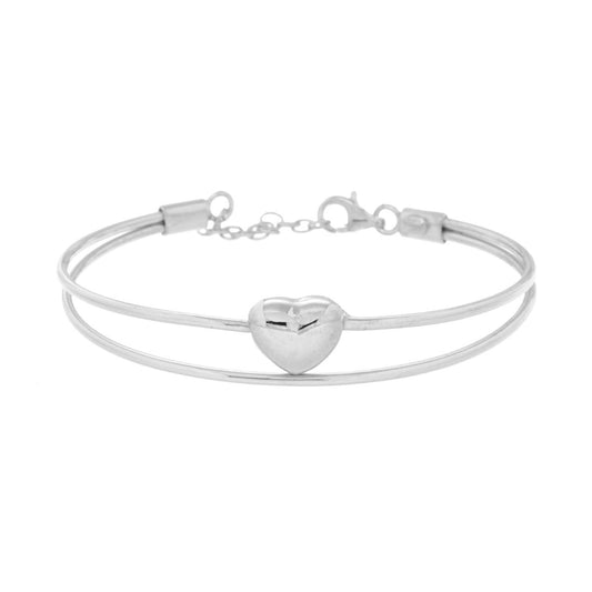 Bracciale Rigido due Fili con Cuore Bombato in ARGENTO 925 Galvanica Rodio