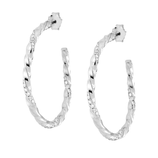 Orecchini Cerchio Torchon mm 32 con Cubic Zirconia Bianchi in ARGENTO 925 Galvanica Rodio