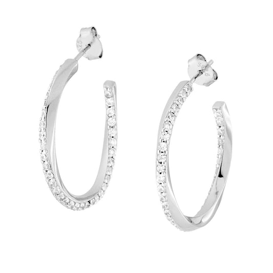 Orecchini Cerchio Torchon mm 28 con Cubic Zirconia Bianchi in ARGENTO 925 Galvanica Rodio
