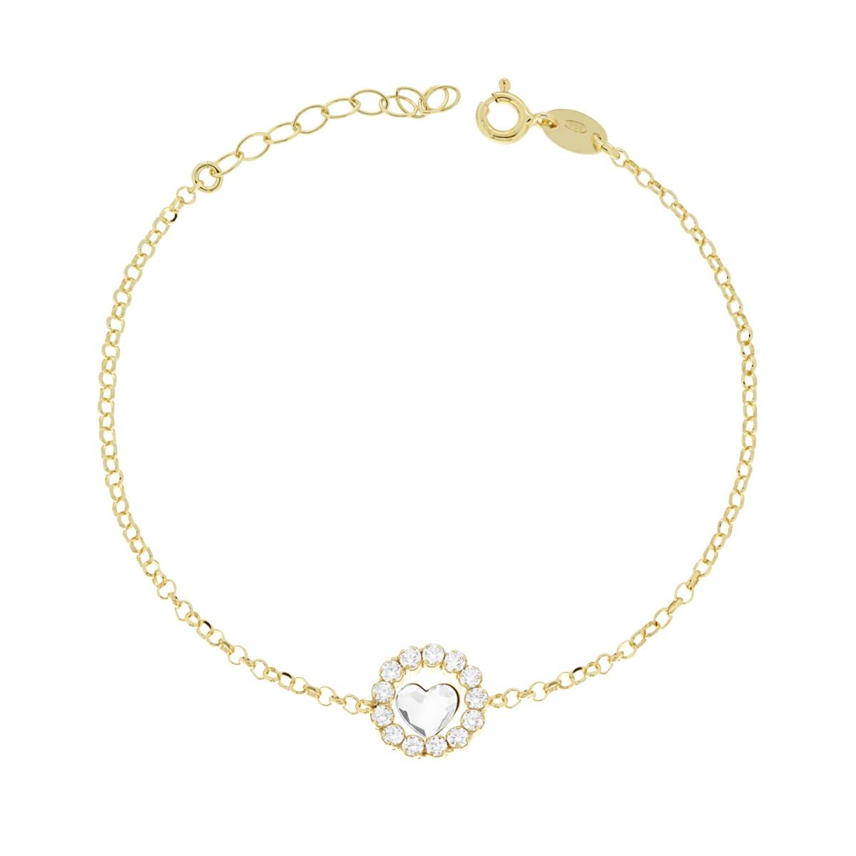 Bracciale Catena Rolo Diamantata con Tondo e Cuore con Cubic Zirconia Bianchi in ARGENTO 925 Galvanica Oro