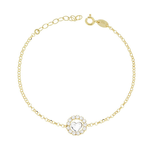 Bracciale Catena Rolo Diamantata con Tondo e Cuore con Cubic Zirconia Bianchi in ARGENTO 925 Galvanica Oro