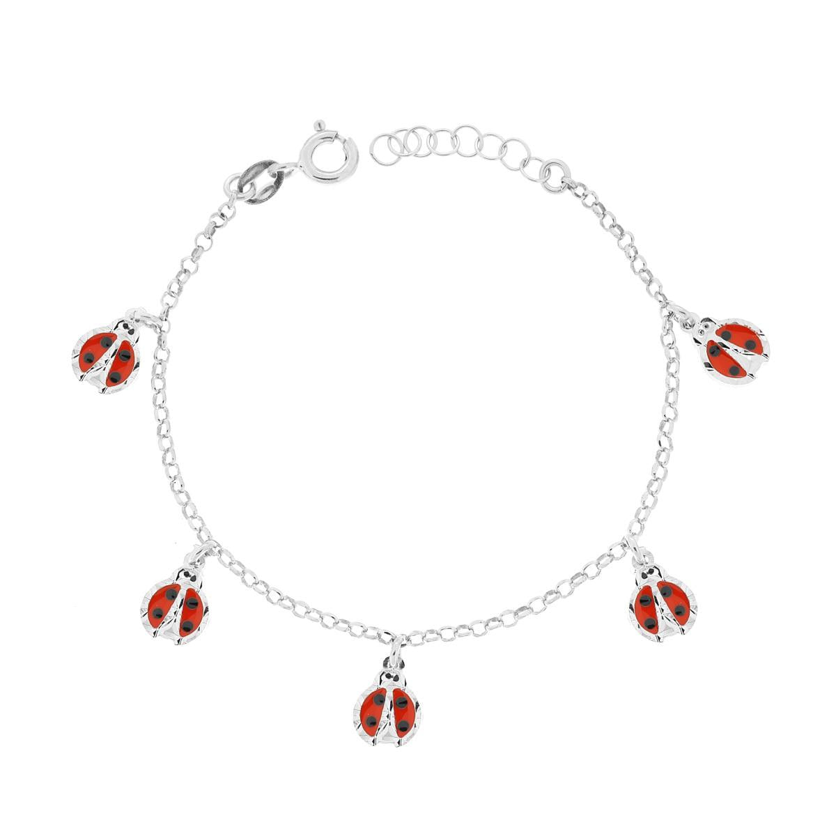 Bracciale Bimbo Bimba Catena Rolo Diamantata con Coccinelle Smalto Rosso pendenti in ARGENTO 925