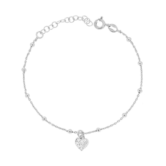 Bracciale Catena Forzatina Diamantata con Palline e Cuore con Cubic Zirconia Bianchi in ARGENTO 925 Galvanica Rodio
