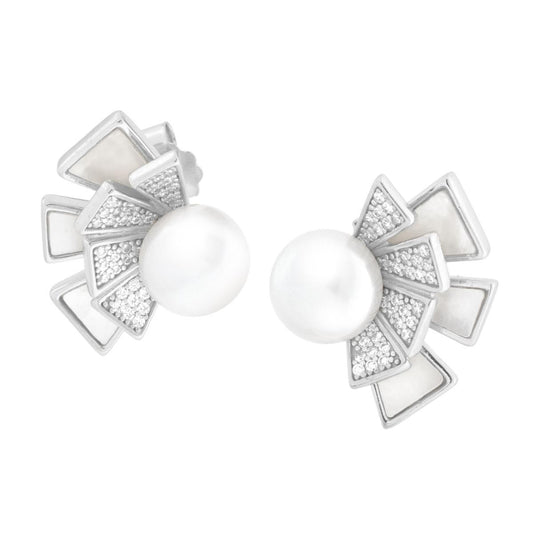 Orecchini Ventaglio con Raggi Cubic Zirconia Bianchi Madreperla e Perla di Fiume in ARGENTO 925 Galvanica Rodio