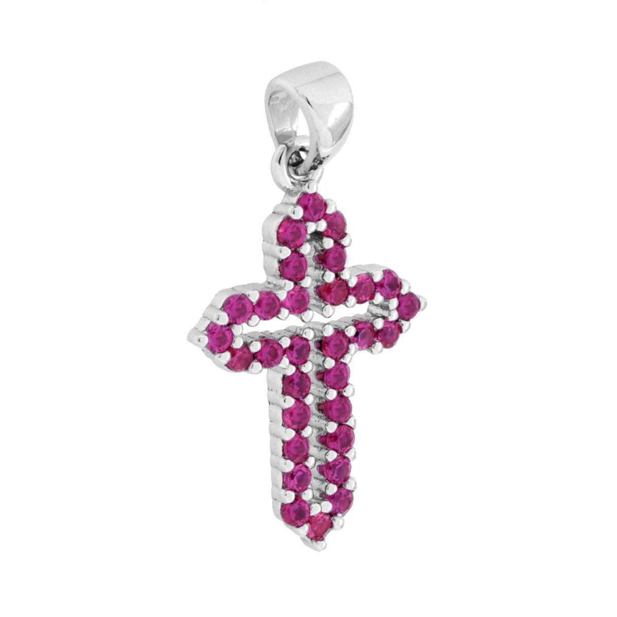 Ciondolo a forma di croce con cubic zirconia colore rosso rubino incastonati.<BR>Made in Italy
