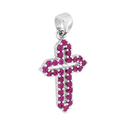 Ciondolo a forma di croce con cubic zirconia colore rosso rubino incastonati.<BR>Made in Italy