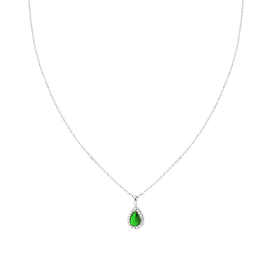 Collana Catena Forzatina Diamantata Goccia Verde Smeraldo contornata da Cubic Zirconia Bianchi in ARGENTO 925 Galvanica Rodio