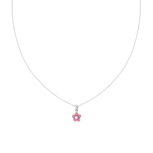 Collana Catena Forzatina Diamantata con Fiore smalto Rosa e Perla in ARGENTO 925 Galvanica Rodio