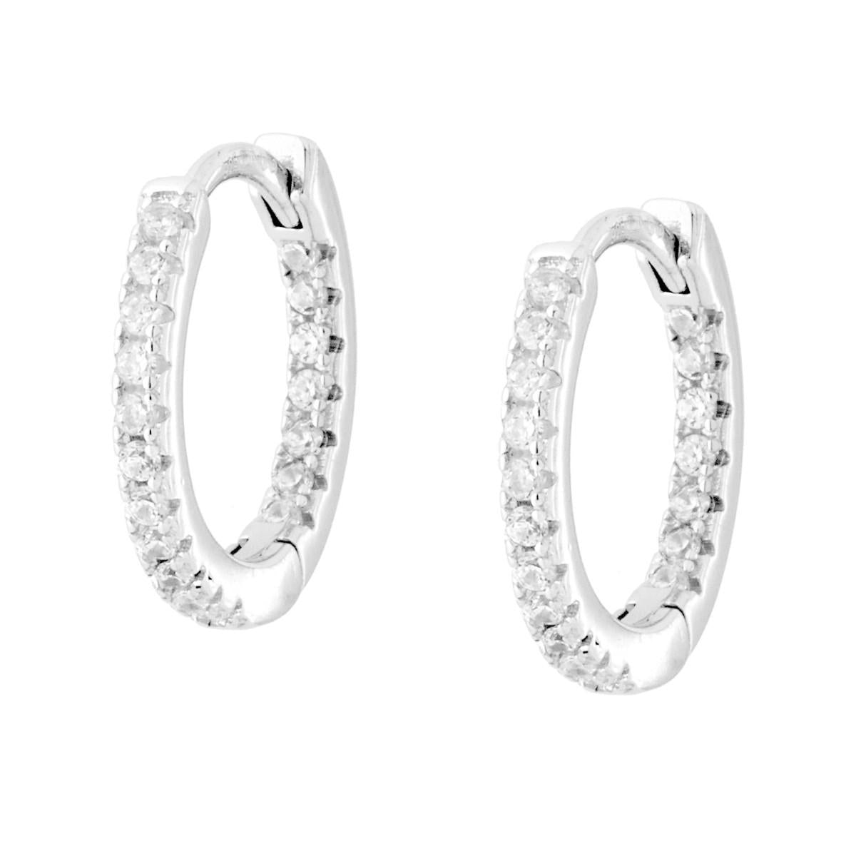 Orecchini Cerchio a Scattino mm 15 con Cubic Zirconia Bianchi in ARGENTO 925 Galvanica Rodio