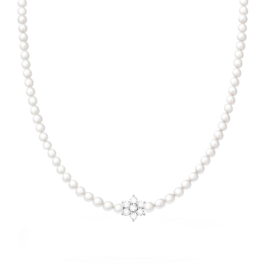 Collana Perla mm 4 in Vetro perlato con Fiore centrale Cubic Zirconia Bianchi con filo e chiusura in ARGENTO 925 Galvanica Rodio