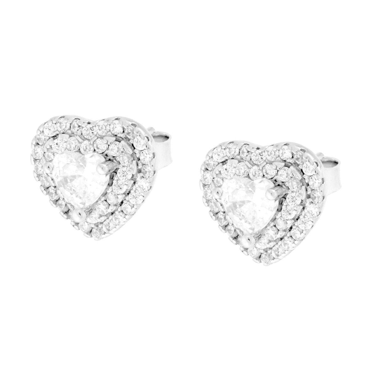 Orecchini Cuore con Zircone Bianco contornato da Zirconi Bianchi in ARGENTO 925 Galvanica Rodio