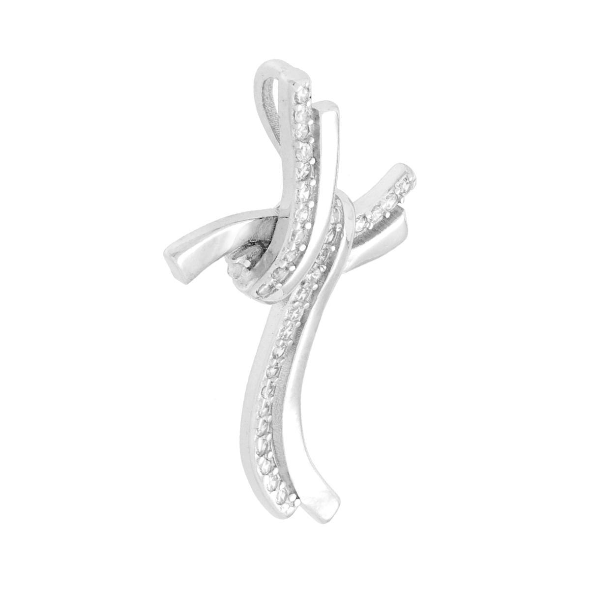 Ciondolo a forma di croce composta da due nastri con cubic zirconia bianchi incastonati e finitura liscia e lucida.<BR>