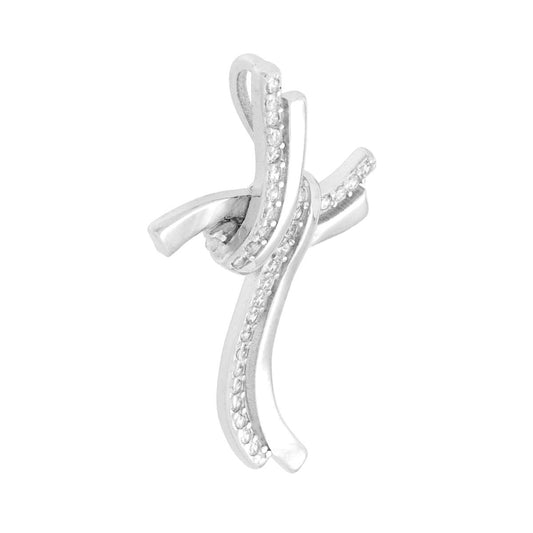 Ciondolo a forma di croce composta da due nastri con cubic zirconia bianchi incastonati e finitura liscia e lucida.<BR>