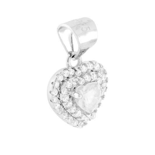 Ciondolo a forma di cuore colore bianco montato su 3 Griffe con cubic zirconia bianchi incastonati intorno.<BR>