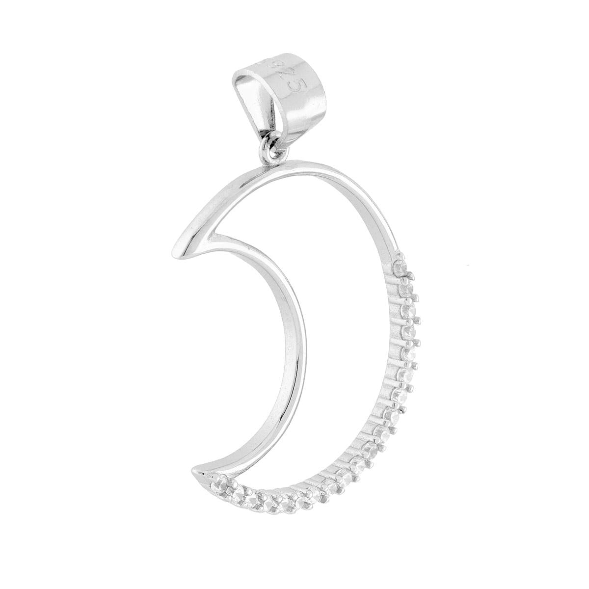 Ciondolo a forma di Luna con cubic zirconia bianchi incastonati e finitura liscia e lucida.
