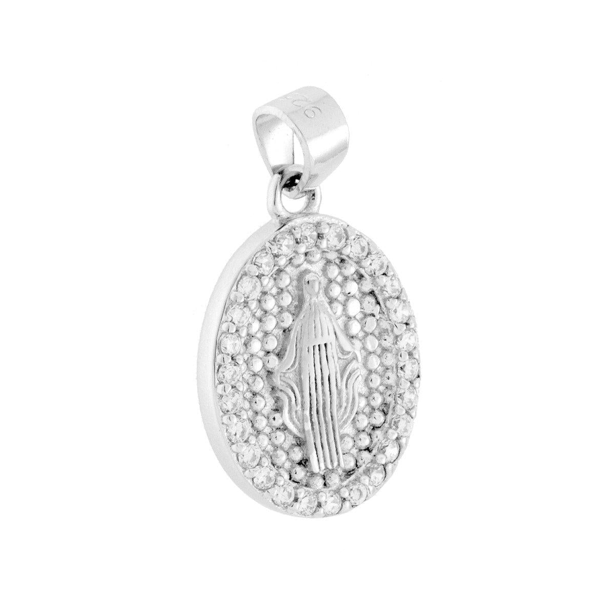 Ciondolo a forma di medaglietta ovale con Madonna Miracolosa, con cubic zirconia colore bianco incastonati.