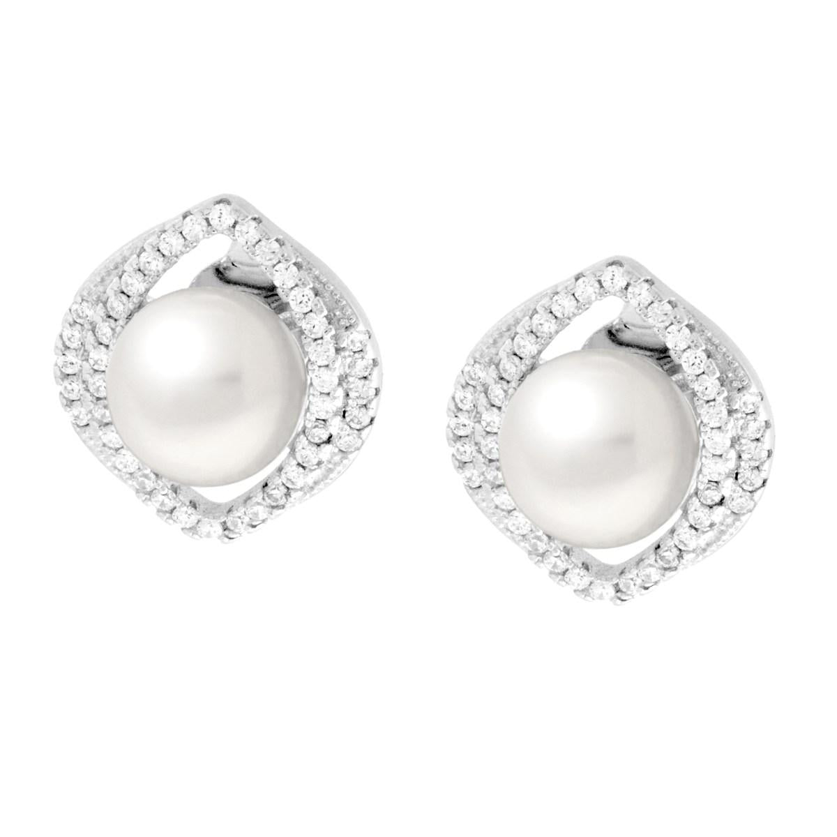 Orecchini Ovale Navetta con Perla di Fiume e Cubic Zirconia Bianchi in ARGENTO 925 Galvanica Rodio