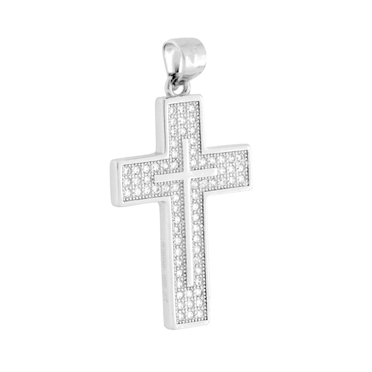 Ciondolo a forma di croce con cubic zirconia colore bianco incastonati con lavorazione Pavč.