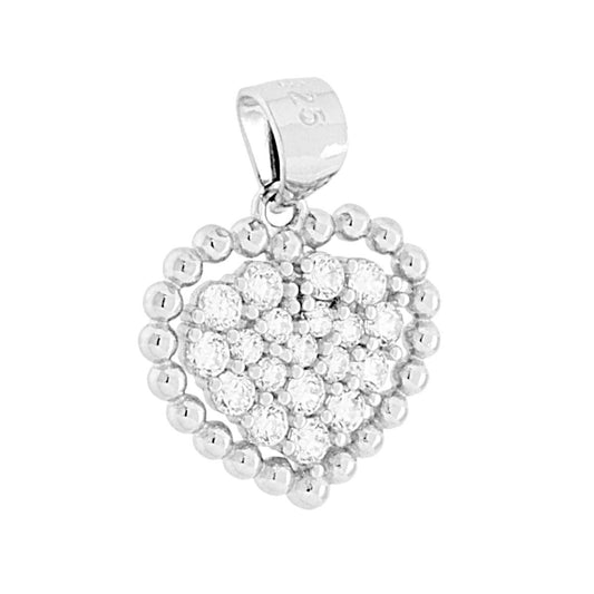 Ciondolo a forma di cuore con cubic zirconia colore bianco incastonati con filo di palline lisce e lucide intorno.<BR>