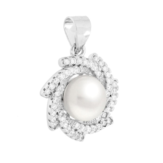 Ciondolo tondo a forma di vortice con applicazione perla bianca di fiume e cubic zirconia bianchi incastonati intorno.
