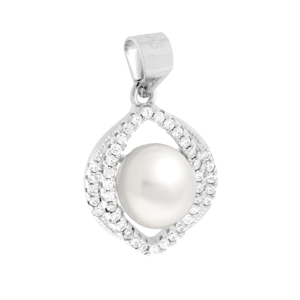 Ciondolo a forma di ovale navetta con applicazione perla bianca di fiume e cubic zirconia bianchi incastonati intorno.<BR>